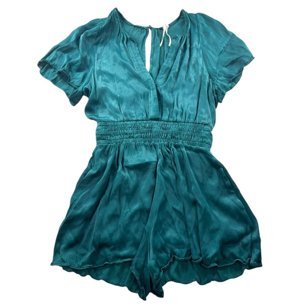 Anthropologie Somerset Romper S Teal Green Short Sleeve Smocked Satin Jumpsuit